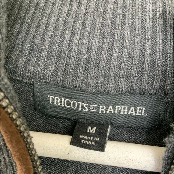 Tricots St Raphael Mens Collared LS Herringbone Charcoal Part Zip Sweater EUC M - Picture 2 of 5